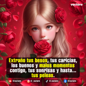 Ilustración digital romántica de una niña de cabello claro mirando al frente mientras sostiene una rosa roja cerca de sus labios, rodeada por un fondo de rosas rojas y pétalos flotantes.