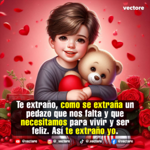 Dibujo digital tierno de un niño sonriente abrazando a un osito de peluche marrón que tiene un cojín en forma de corazón rojo, ambientado en un fondo rosado con pétalos y corazones.