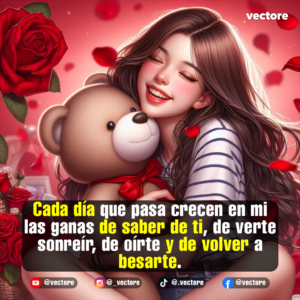 Ilustración digital de una joven sonriente con los ojos cerrados abrazando con cariño a un oso de peluche con lazo rojo, rodeada de pétalos de rosa sobre un fondo cálido.