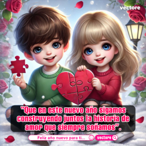 Arte digital de una pareja de niños con ojos grandes sentados en la nieve, sosteniendo juntos un gran corazón rojo en forma de rompecabezas.