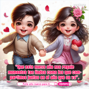 Ilustración infantil de un niño y una niña tomados de la mano corriendo alegremente en un fondo claro con pétalos de rosa flotando.