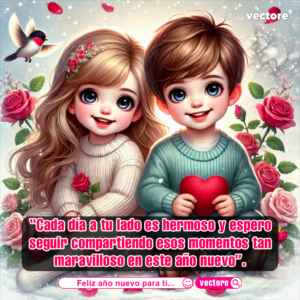 Caricatura romántica de dos niños sentados en la nieve rodeados de rosas rojas; el niño sostiene un corazón brillante y un pájaro vuela a su lado.