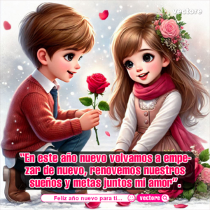 Dibujo de un niño arrodillado entregándole una rosa roja a una niña con una flor rosa en el cabello, en un romántico escenario invernal.