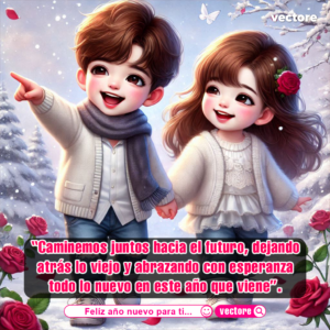 Personajes animados de un niño señalando hacia el horizonte y una niña sonriente caminando tomados de la mano en un paisaje cubierto de nieve y rosas.
