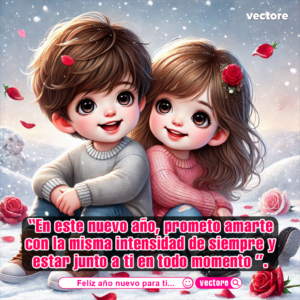 Arte digital de una niña y un niño sentados juntos en el suelo nevado, sonriendo con ternura mientras caen suaves copos de nieve y pétalos rojos.