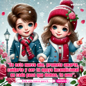 Ilustración invernal de dos niños tomados de la mano con abrigos azul celeste, bufandas rojas y gorro de lana, caminando bajo una ligera nevada rodeados de rosas.