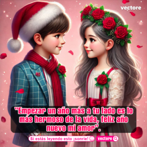 Arte digital navideño de un niño con gorro de Papá Noel y una niña con una corona de rosas rojas en el cabello, mirándose con ternura sobre un fondo rosa pastel con pétalos.