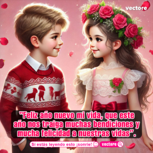 Ilustración romántica de dos niños tomados de la mano; el niño viste un suéter rojo con diseño de perritos y la niña lleva un vestido rosa de encaje y una tiara de rosas.