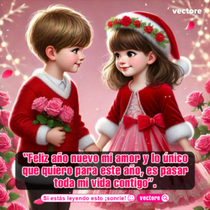 Dibujo animado de un niño con suéter rojo entregando un ramo de rosas rosadas a una niña vestida de Santa Claus, rodeados de luces brillantes y flores.
