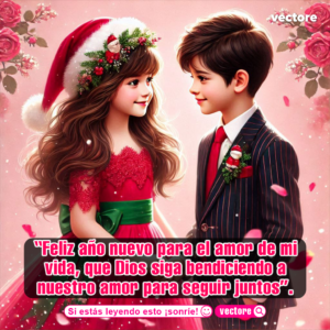 Caricatura elegante de un niño con traje de rayas y una niña con un vestido rojo de fiesta y gorro navideño, tomados de la mano en un fondo romántico.
