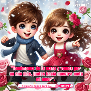 Caricatura de dos niños corriendo felices de la mano bajo una nevada invernal; la niña viste un vestido rojo y apunta hacia adelante, rodeados de pétalos y rosas flotantes.