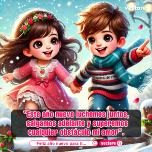 Ilustración animada de una pareja de niños sonrientes corriendo alegremente de la mano bajo la nieve; la niña lleva un vestido rosa de encaje con tiara de flores y el niño un suéter de rayas con bufanda azul.