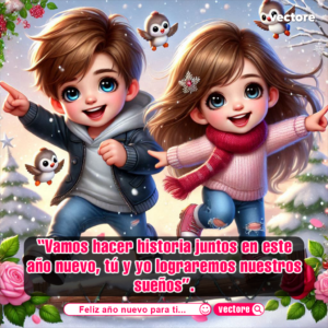 Arte digital tierno de dos niños saltando de felicidad en un paisaje invernal nevado con pinos de Navidad, acompañados por pequeños pajaritos animados y decorado con rosas en las esquinas.