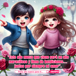 Caricatura romántica de un niño con chaqueta azul de mezclilla y una niña con suéter rosa tejido y corona de rosas rojas, caminando de la mano felizmente sobre un camino cubierto de nieve.