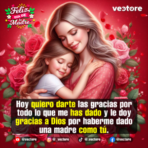 Dibujo digital tierno de una madre abrazando fuertemente a su pequeña hija con los ojos cerrados, rodeadas por un denso fondo de rosas rojas y pétalos flotantes sobre un fondo carmesí.