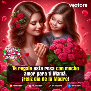 Ilustración digital de una madre sosteniendo la mano de su pequeña hija, quien le entrega un gran ramo de rosas rojas brillantes, con pétalos cayendo sobre un fondo rojo.