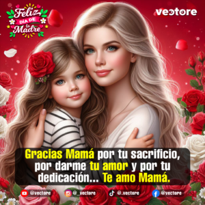 Imagen digital de una madre rubia y su hija pequeña abrazadas cariñosamente, enmarcada con rosas rojas y blancas en las esquinas y pétalos flotando en un fondo rojo suave.