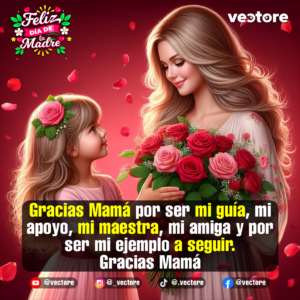 Hermosa composición digital de una niña entregándole un gran ramo de rosas rosadas y rojas a su elegante madre, ambas con vestidos rosas sobre un fondo rojizo con pétalos.