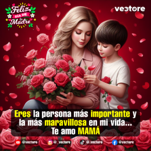 Ilustración de un niño pequeño con playera blanca tocando suavemente un gran ramo de rosas rosadas que sostiene su madre, en medio de un fondo rojo con pétalos y un lecho de rosas abajo.