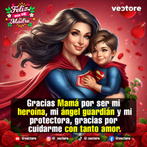 Arte digital creativo de una madre y su hijo vestidos con trajes de superhéroes azules con capas rojas, sonriendo juntos y rodeados de rosas rojas en la parte inferior.
