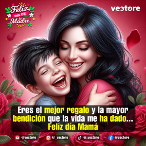 Primer plano digital de un niño riendo alegremente mientras abraza con fuerza a su madre sonriente, rodeados de rosas rojas en un fondo con tonalidades rosa y rojo.