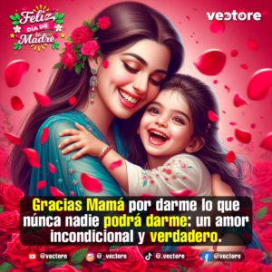 Ilustración digital de una hermosa madre con flores rojas en el cabello sonriendo feliz mientras abraza fuertemente a su pequeña hija, en medio de una lluvia de pétalos y rosas rojas.