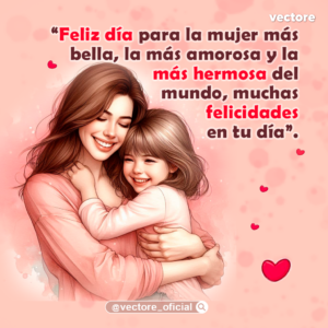 Ilustración digital de estilo acuarela en tonos rosados que muestra a una madre sonriente abrazando tiernamente a su pequeña hija, rodeadas de corazones flotantes.