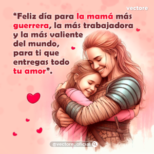 Arte conceptual de una madre vestida con una armadura de guerrera medieval abrazando con amor y protección a su hija, sobre un fondo rosa con corazones.