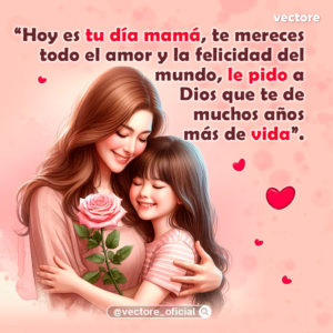 Dibujo digital de una madre sosteniendo una rosa rosa mientras abraza a su hija pequeña de camiseta a rayas, en un fondo de tonos cálidos y corazones rojos.