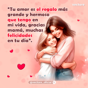 Ilustración emotiva de una madre con blusa de rayas y su hija compartiendo un abrazo feliz y cariñoso, decorada con pequeños corazones sobre un fondo rosa pastel.