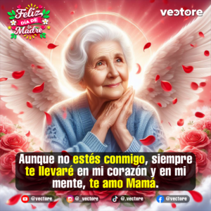 Arte digital emotivo de una tierna anciana con cabello blanco y aureola brillante representada como un ángel con grandes alas blancas, rodeada de nubes y rosas rojas.