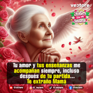 Retrato digital de perfil de una dulce abuela con alas de ángel mirando hacia el cielo con nostalgia, rodeada de pétalos flotantes, nubes rosadas y un fondo de rosas rojas.