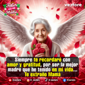 Ilustración digital de una anciana sonriente con alas de ángel blancas sosteniendo tres rosas rojas en sus manos, rodeada de pétalos sobre un fondo de nubes y un lecho de flores.