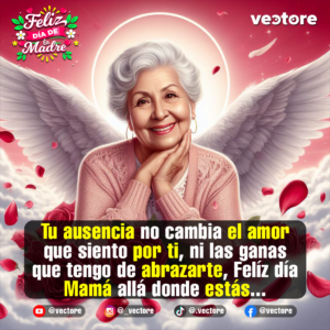 Composición digital de una abuela con expresión serena y alas blancas de ángel, vestida con un suéter rosa frente a un cielo iluminado con nubes y pétalos flotantes.