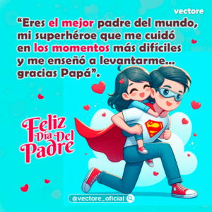 Caricatura digital de un padre sonriente con gafas de protección y camiseta de superhéroe corriendo felizmente mientras lleva a su hija a caballito sobre su espalda, en un fondo azul con corazones y nubes.