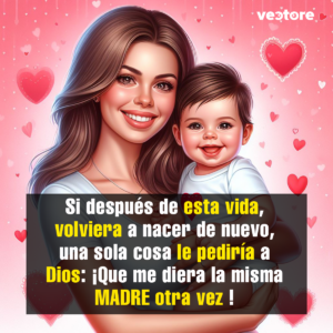 Dibujo digital con un tierno estilo realista de una madre de cabello castaño sonriendo junto a su bebé, sobre un fondo rosa decorado con patrones de corazones.