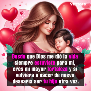 Composición digital de una tierna madre abrazando a su bebé dormido, con un fondo decorado por grandes corazones rojos y globos rosados flotando en el aire.