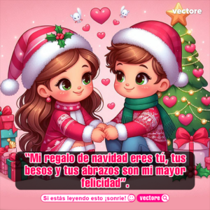 Ilustración romántica infantil en fondo rosa de un niño y una niña tomados de la mano con gorros navideños, junto a un árbol decorado con esferas en forma de corazón.