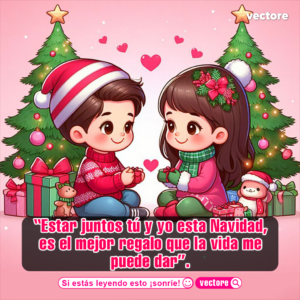 Caricatura de una pareja de niños sentados en el suelo intercambiando pequeños regalos de Navidad, flanqueados por dos grandes pinos decorados en fondo rosa.