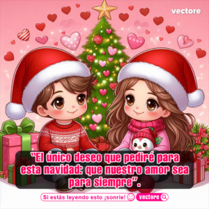 Arte digital de dos niños con suéteres invernales y gorros navideños sentados frente a un gran árbol de Navidad iluminado con luces rosadas y corazones flotantes.