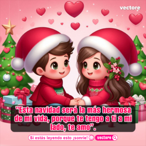 Dibujo tierno de un niño y una niña con gorros de Papá Noel tomados de la mano y mirándose con cariño, con árboles de Navidad y corazones de fondo.
