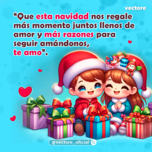 Ilustración infantil de una pareja de niños con gorros de Santa Claus sentados junto a varios regalos navideños sobre un fondo celeste con corazones.