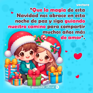 Dibujo tierno de dos niños con gorros navideños decorados con muérdago, sentados abrazados entre cajas de regalo sobre un fondo azul claro.
