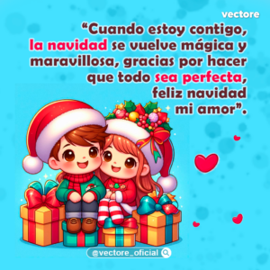 Ilustración navideña de dos personajes infantiles con atuendos invernales sentados sobre cajas de regalos en un fondo azul con destellos y corazones.