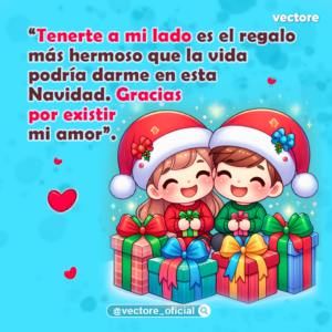Caricatura de una niña y un niño con gorros de Papá Noel sonriendo con los ojos cerrados detrás de una fila de coloridos regalos de Navidad.