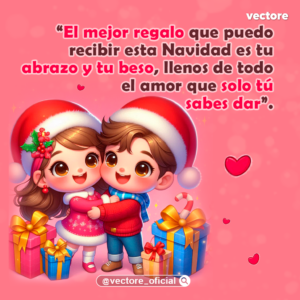 Dibujo animado en fondo rosado de un niño y una niña con gorros de Navidad dándose un tierno abrazo junto a paquetes de regalo.