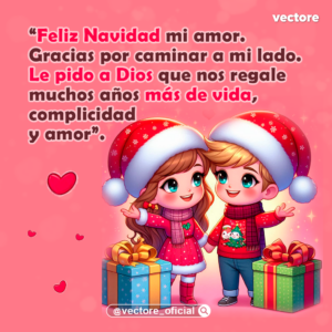 Ilustración de dos niños tomados de la mano vistiendo ropa navideña y gorros de Santa Claus, con dos grandes regalos a sus lados sobre un fondo rosa.