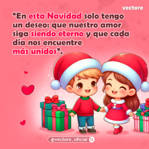 Caricatura de una niña y un niño tomados de la mano con vestimenta de Papá Noel, caminando junto a unos regalos en un fondo rosado con corazones flotantes.