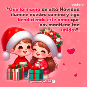 Personajes infantiles de estilo tierno sonriendo con gorros navideños decorados mientras sostienen cajas de regalos sobre un fondo de tono rosa pastel.