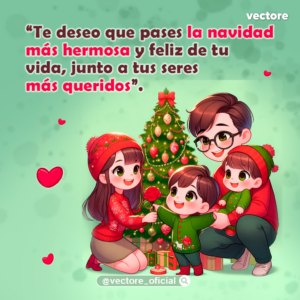 Dibujo animado en fondo verde de una hermosa familia de cuatro integrantes sonriendo junto a un árbol de Navidad decorado; la madre le entrega una rosa roja a su hijo pequeño.